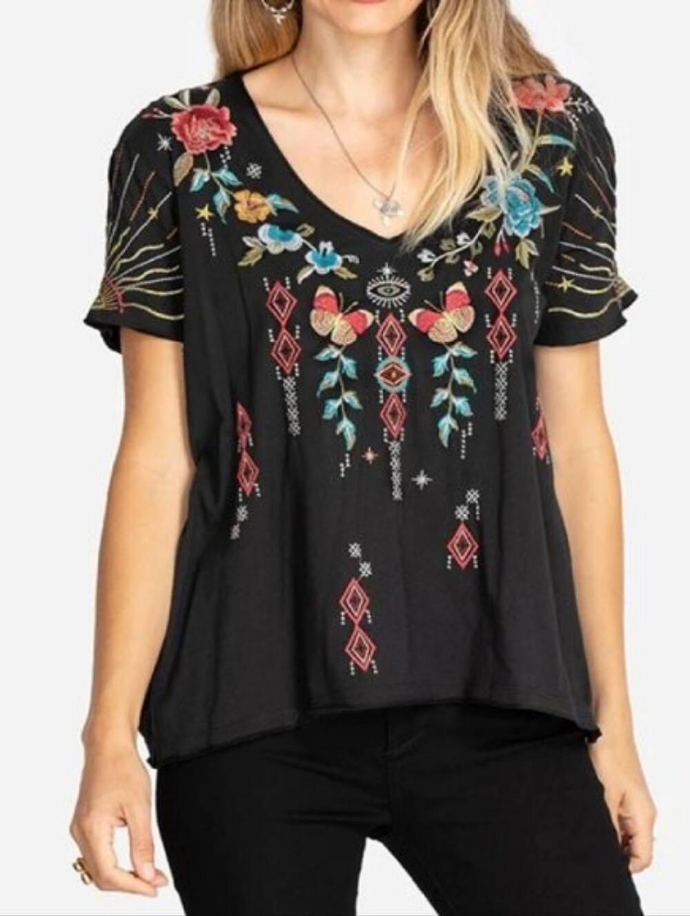 Johnny Was Cara Everyday Tee Black Shirt Embroidery V Neck Size XL